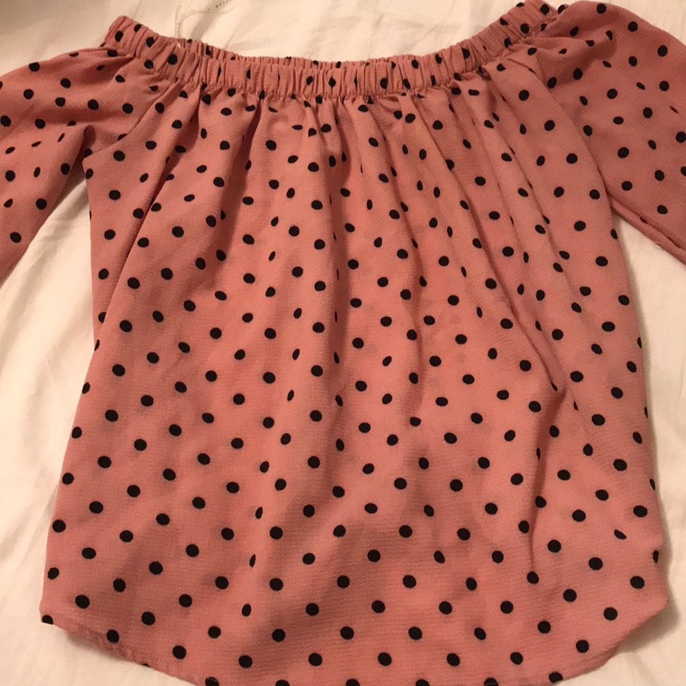 Pink with black polka dots off the shoulder shirt